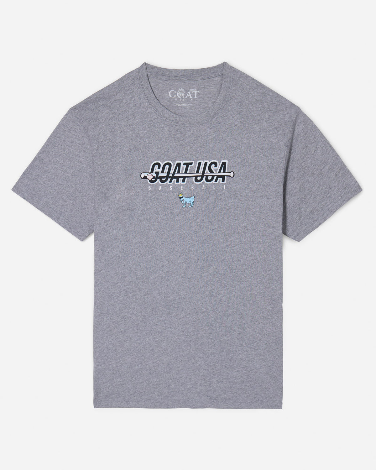 Gray shirt with baseball bat that goes through the wording "GOAT USA"