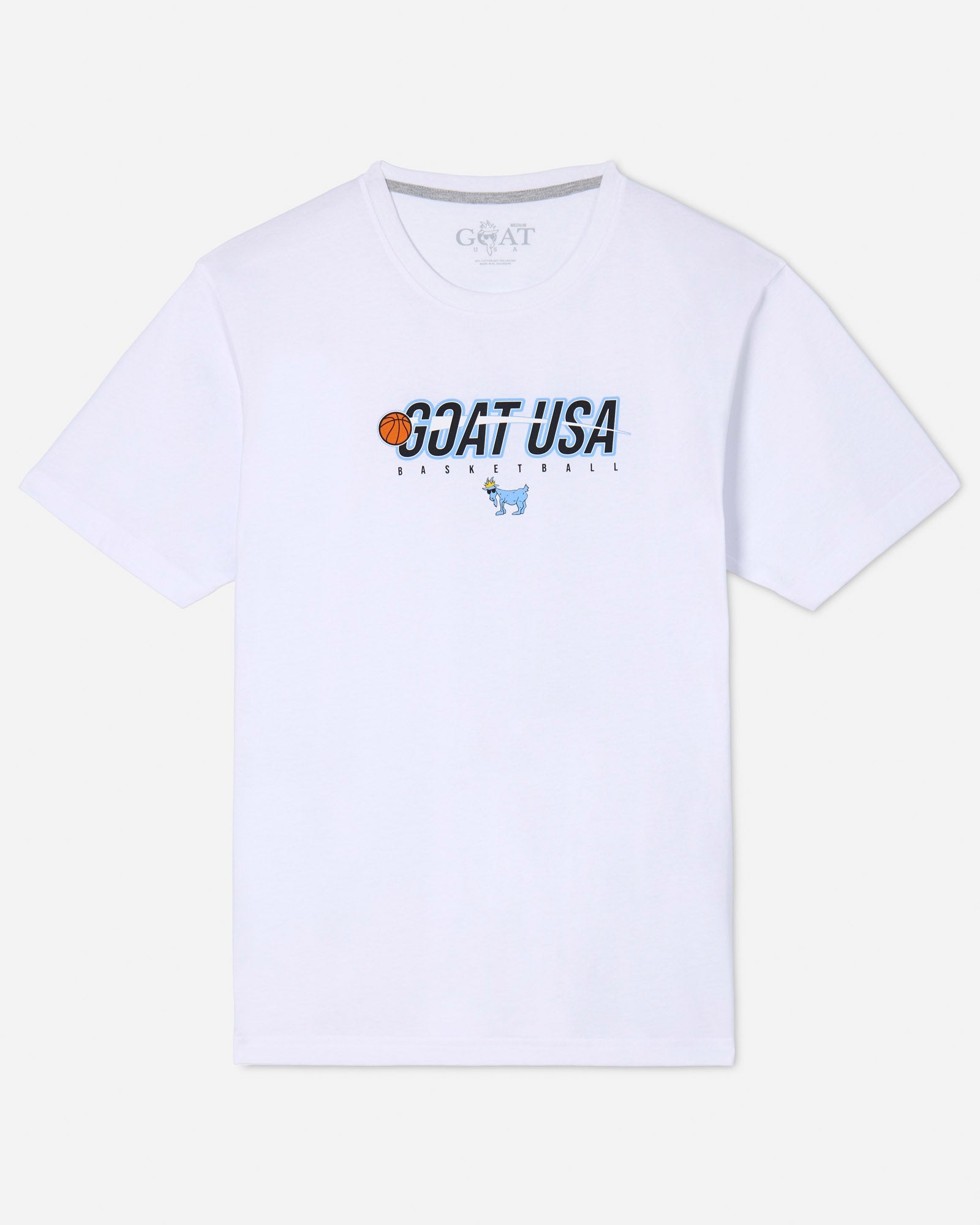 White shirt with basketball that goes through the wording "GOAT USA"