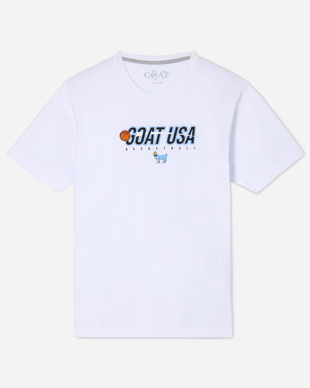 White shirt with basketball that goes through the wording "GOAT USA"