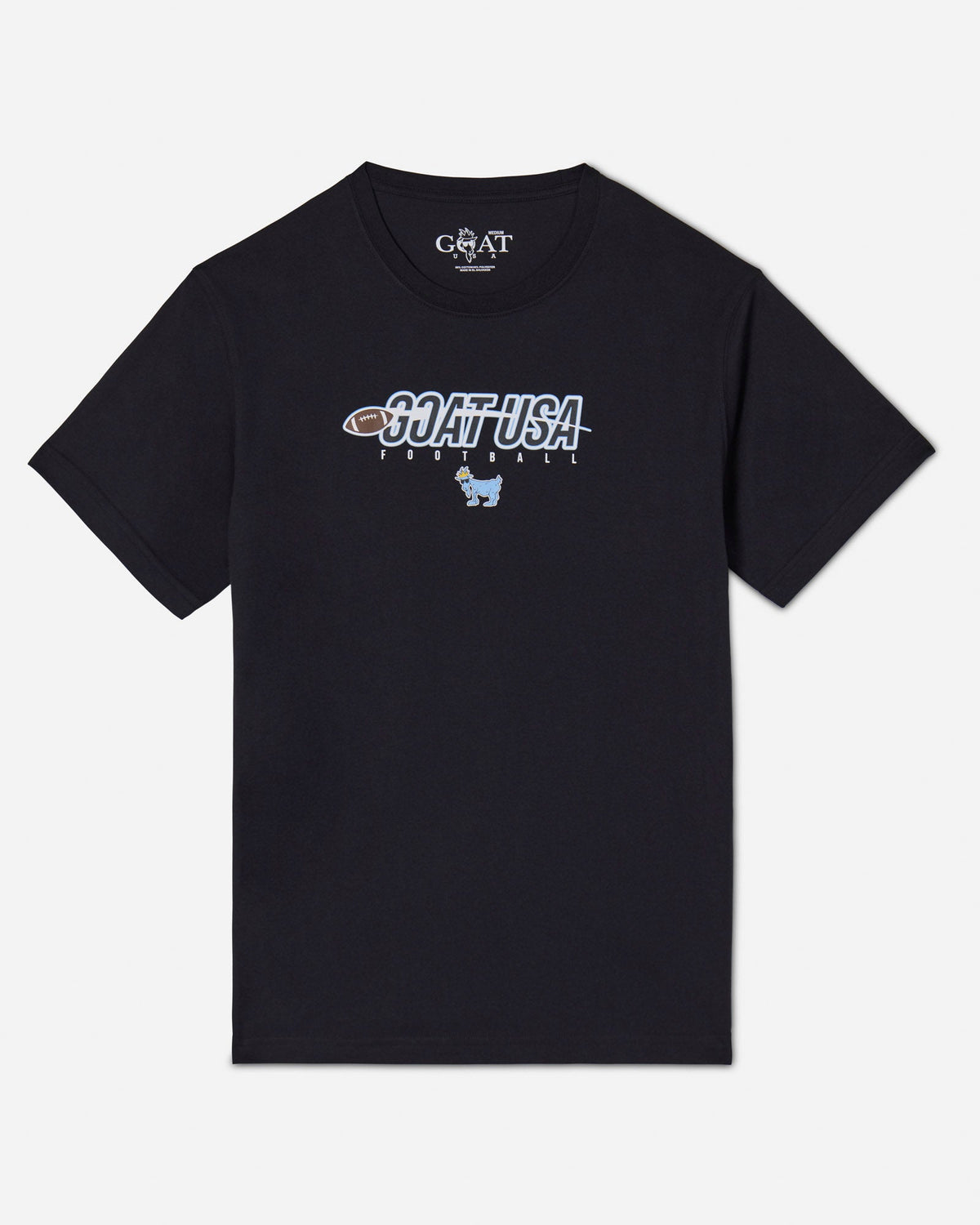 Black shirt with football that goes through the wording "GOAT USA"