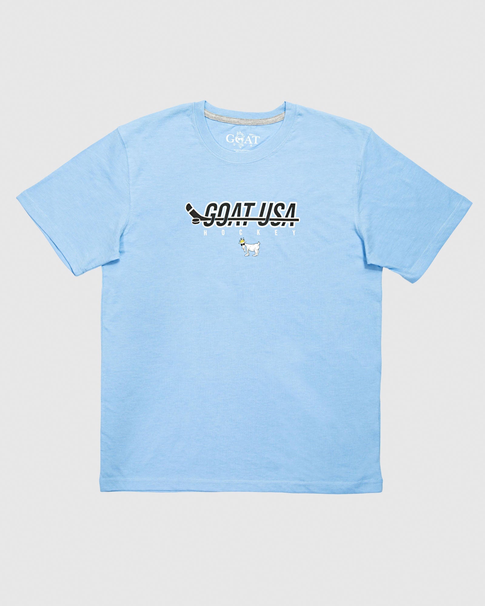 Carolina blue shirt with hockey stick that goes through the wording 