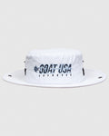 White bucket hat with lacrosse stick design that reads "GOAT USA LACROSSE"