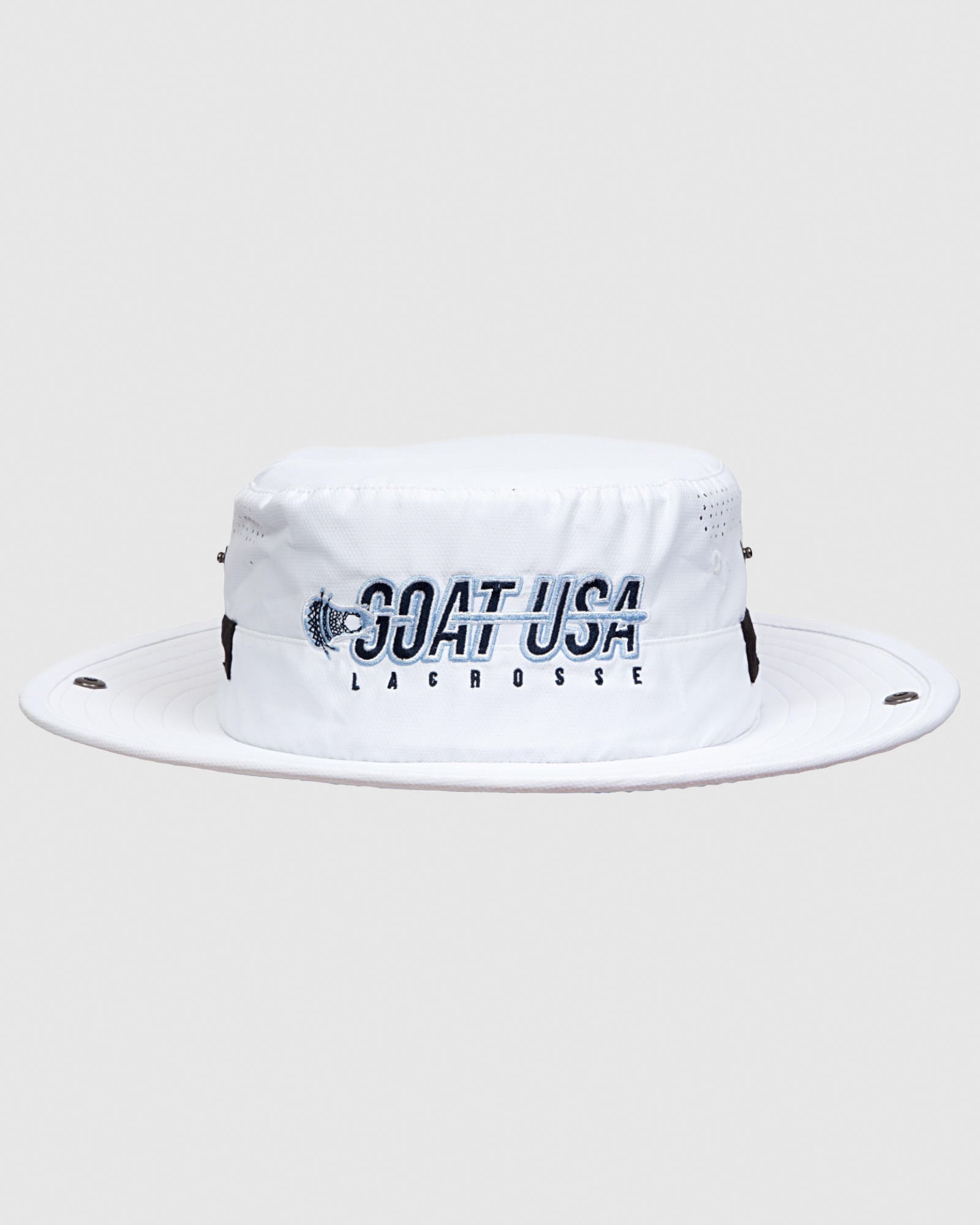 White bucket hat with lacrosse stick design that reads 