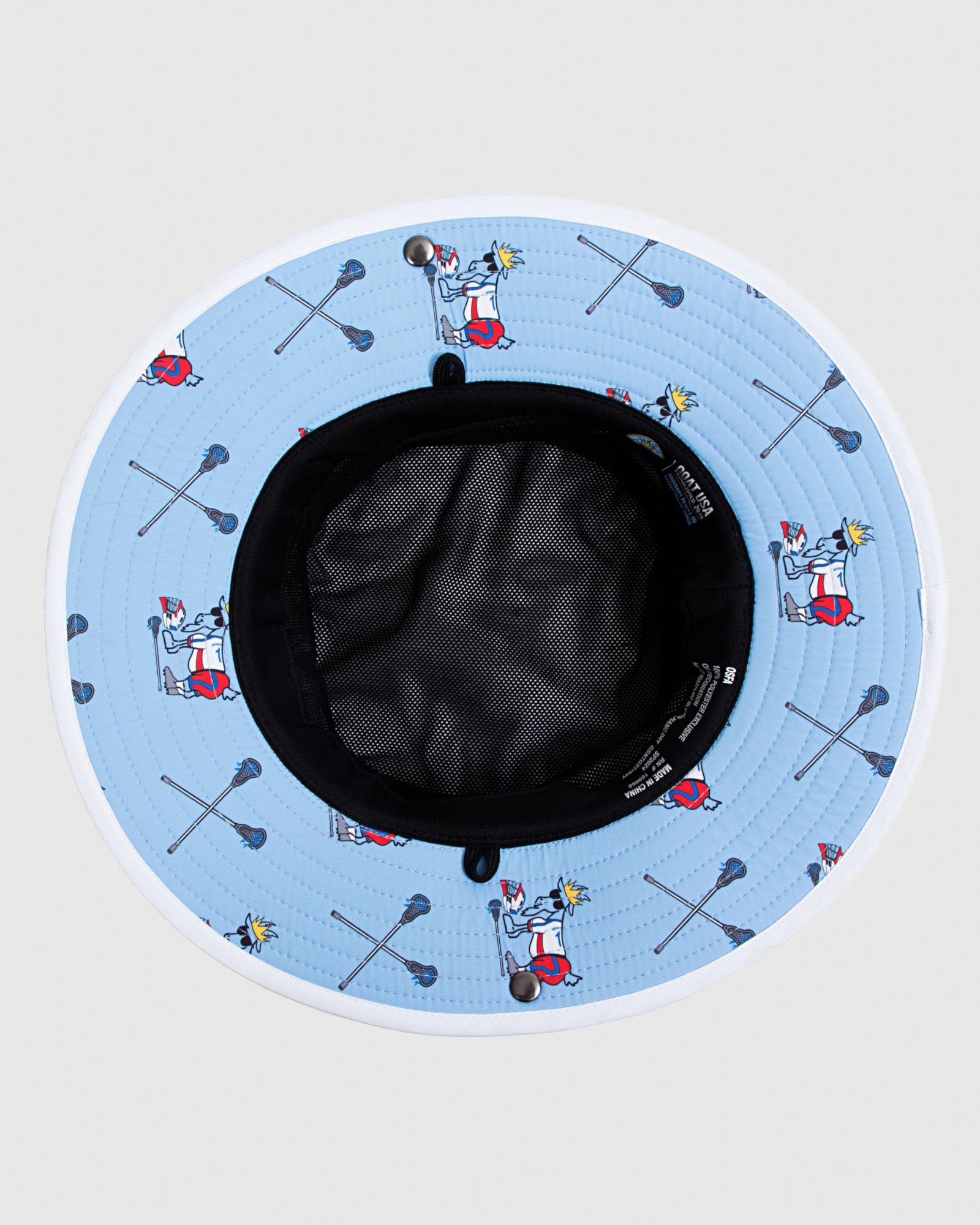 Underside of bucket hat featuring lacrosse got design