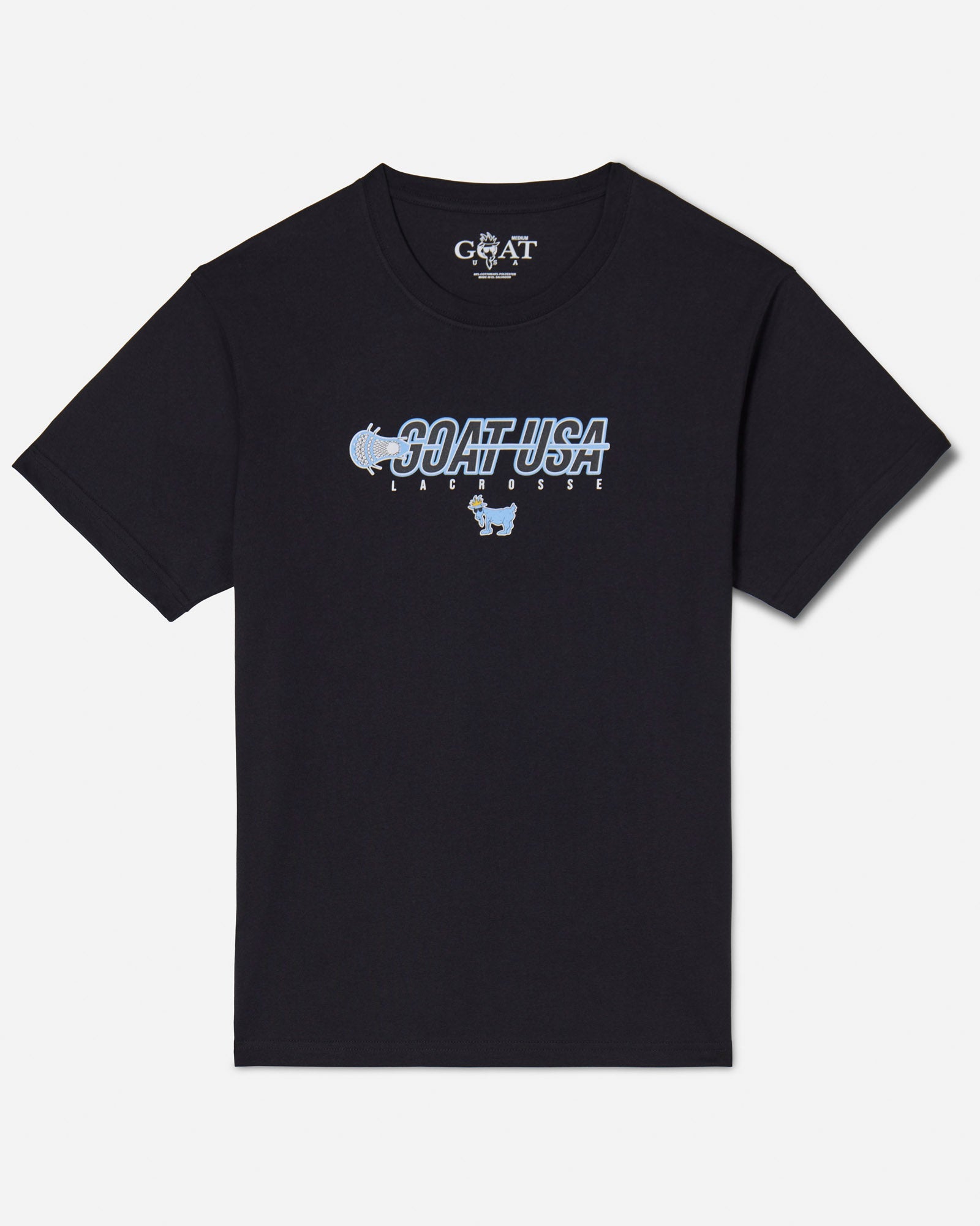 Black shirt with lacrosse stick that goes through the wording "GOAT USA"#color_black