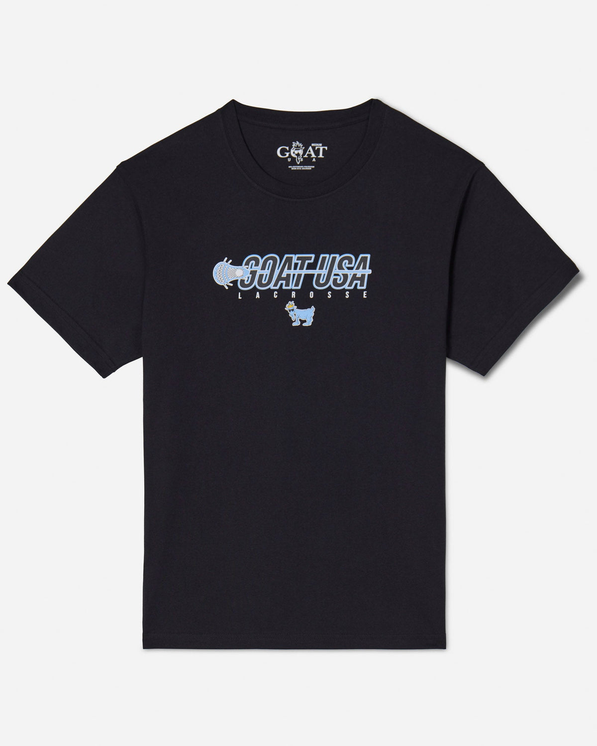 Black shirt with lacrosse stick that goes through the wording "GOAT USA"#color_black
