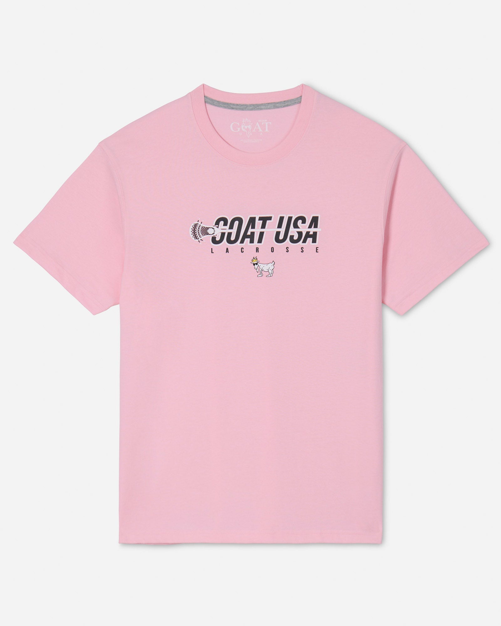 Pink shirt with lacrosse stick that goes through the wording "GOAT USA"#color_pink