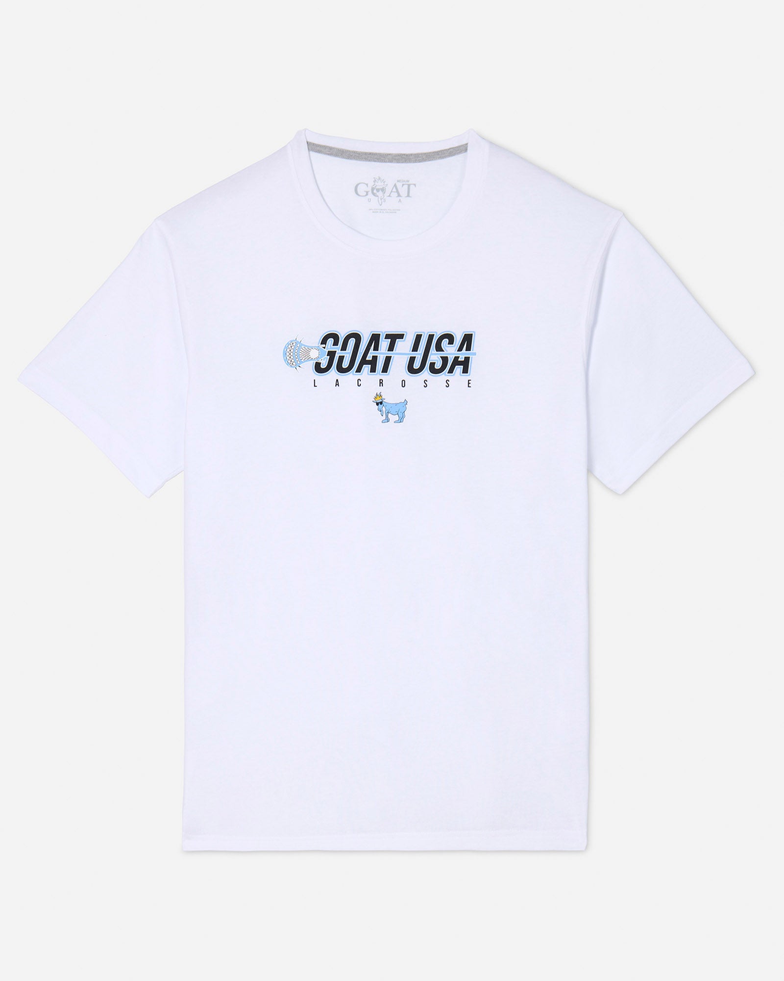 White shirt with lacrosse stick that goes through the wording "GOAT USA"#color_white