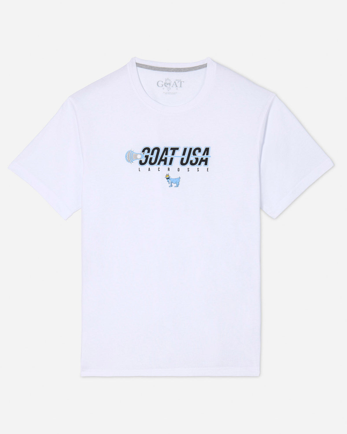 White shirt with lacrosse stick that goes through the wording "GOAT USA"#color_white