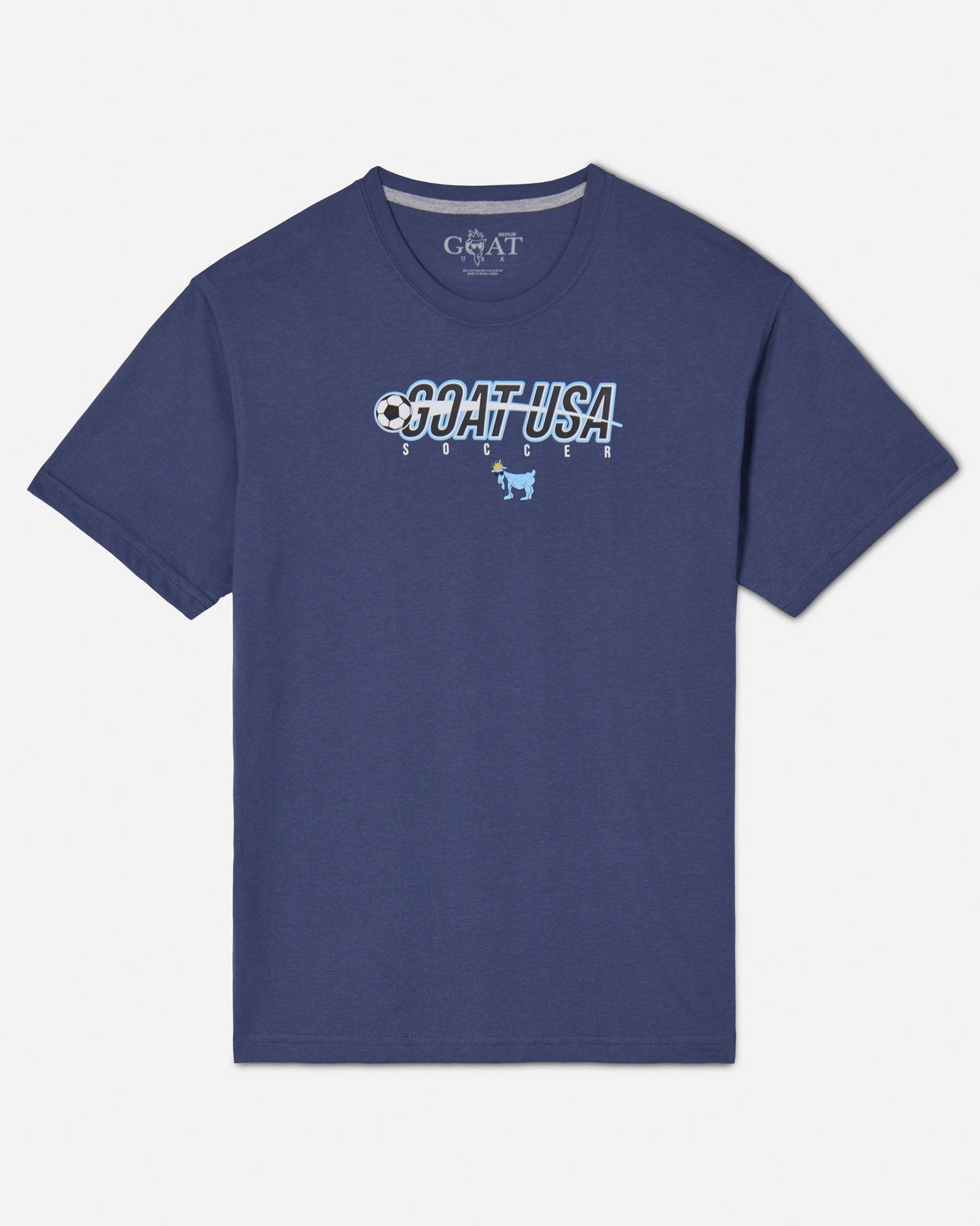 Navy shirt with soccer ball that goes through the wording "GOAT USA"
