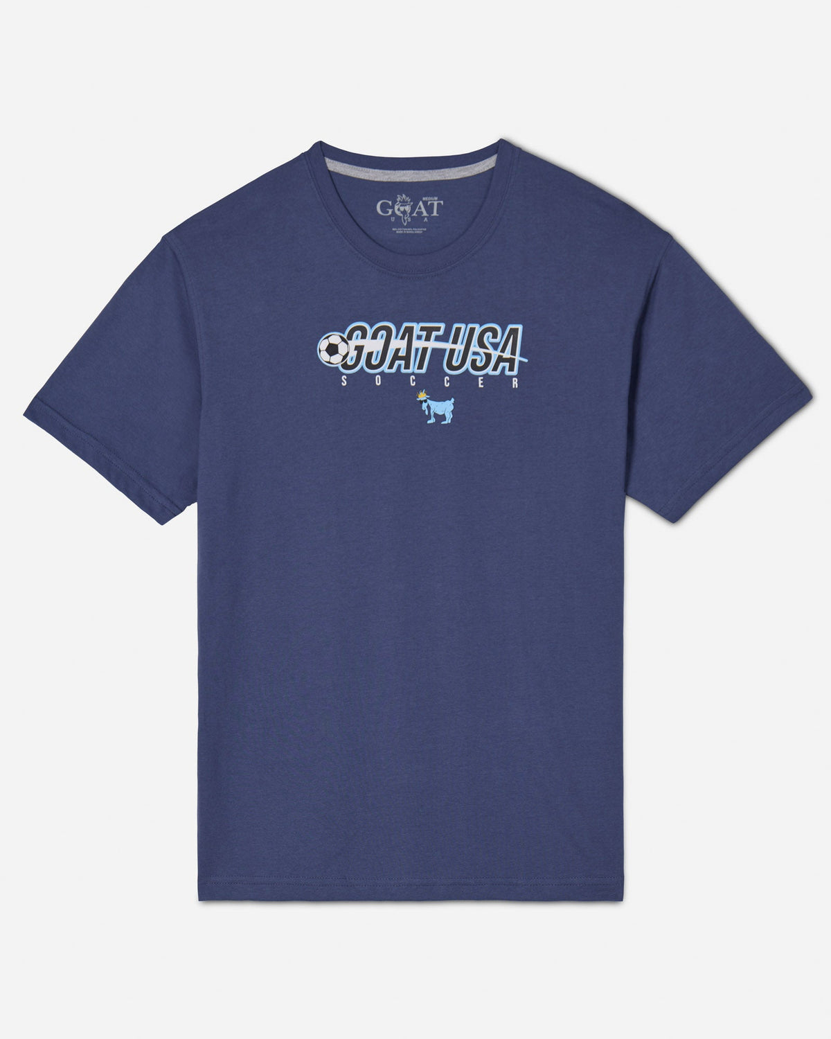 Navy shirt with soccer ball that goes through the wording "GOAT USA"