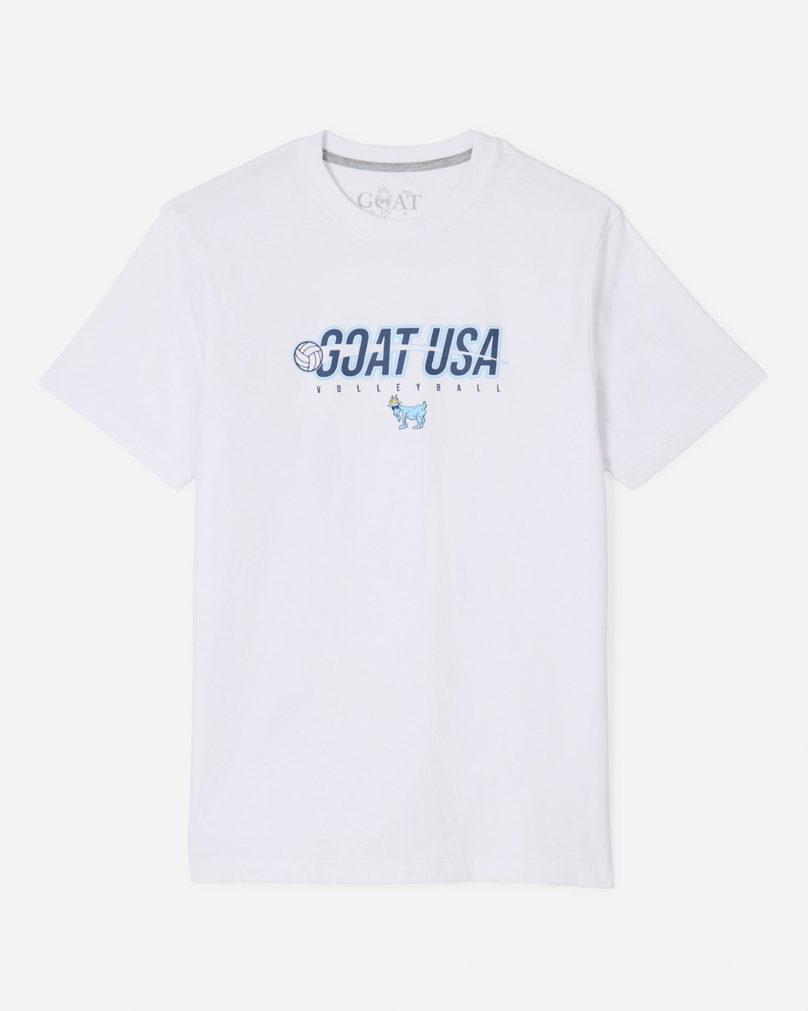 White shirt with volleyball that goes through the wording "GOAT USA"