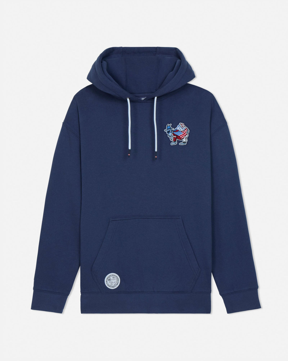 Navy blue hoodie with a small graphic on the chest against a light gray background