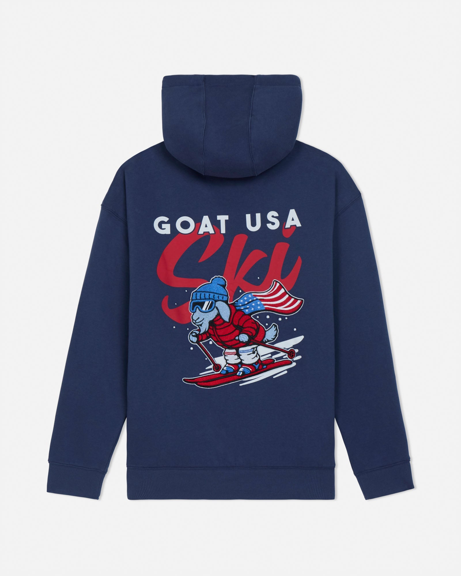 Navy blue hoodie with a graphic design on the back featuring text and a skier illustration.