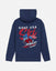 Navy blue hoodie with a graphic design on the back featuring text and a skier illustration.