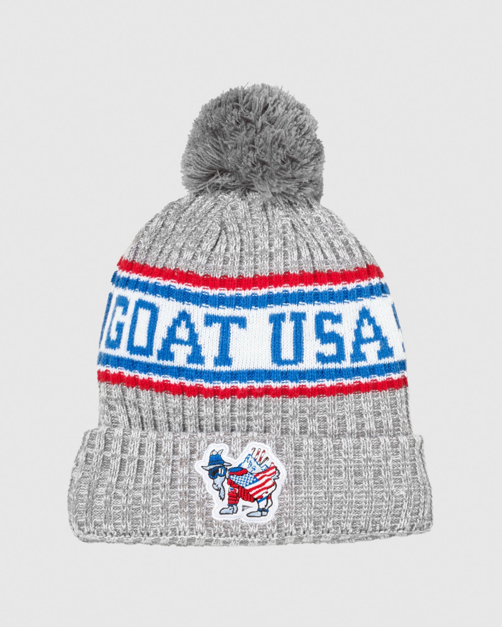 Winter hat with pom pom and goat in American-themed winter attire