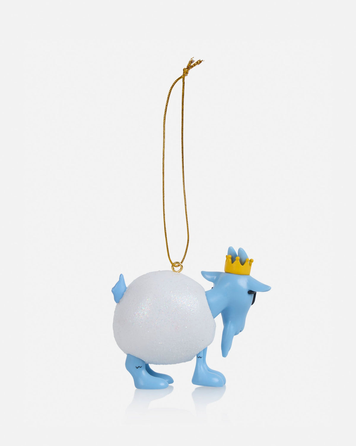 Cartoon character with a crown hanging from a string on a white background