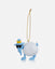 Decorative ornament shaped like a blue creature with a crown and sunglasses on a white background