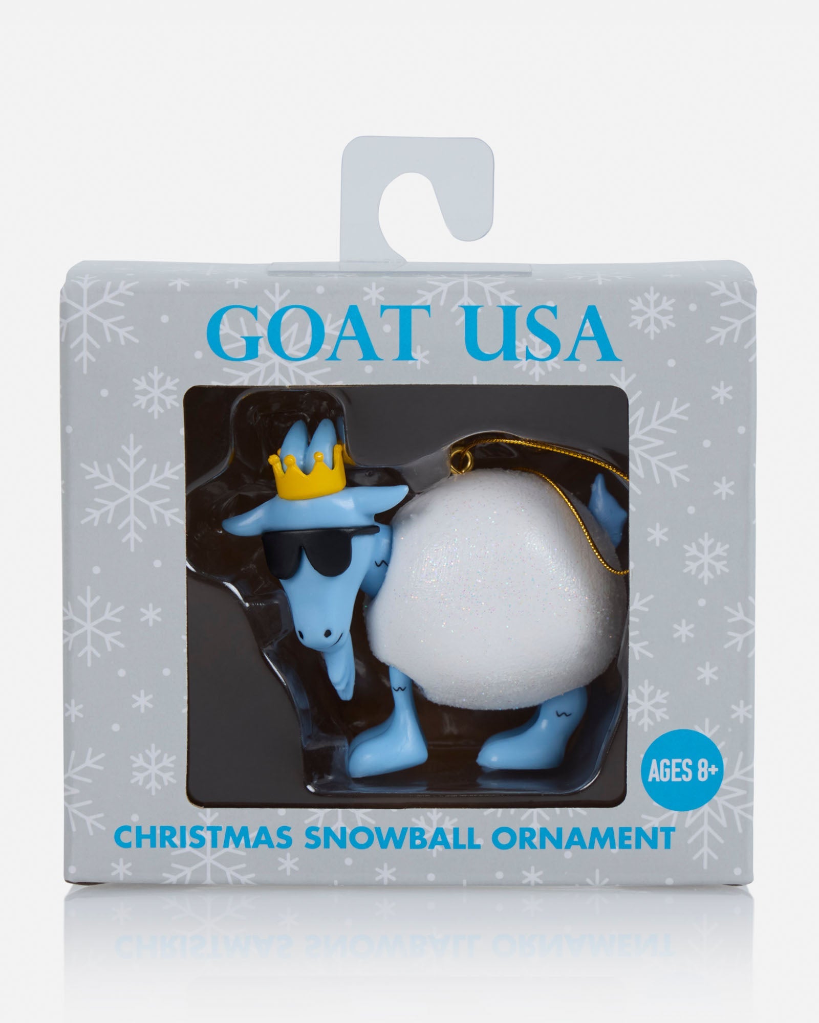 GOAT USA Christmas snowball ornament packaging with a blue and white design.