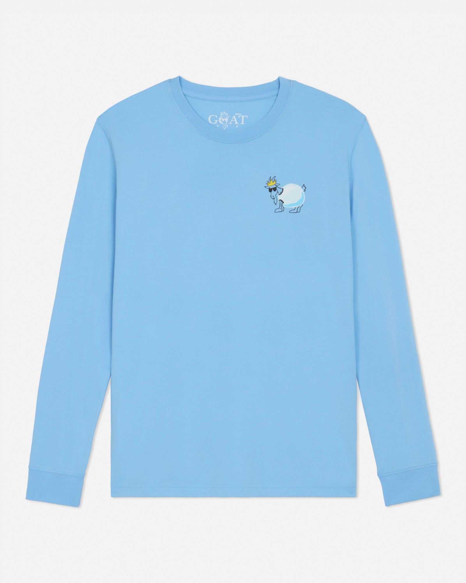 Light blue long-sleeve shirt with a small graphic on a light gray background