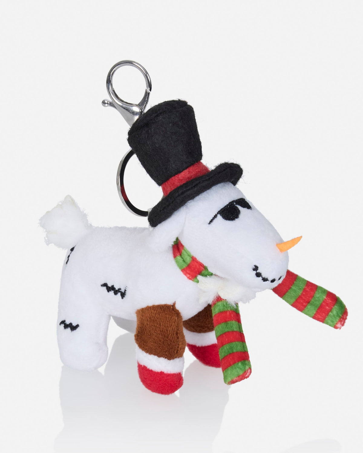 A plush snowman keychain featuring a white body, black top hat, red and green striped scarf, and a silver metal key ring, shown on a light gray background.