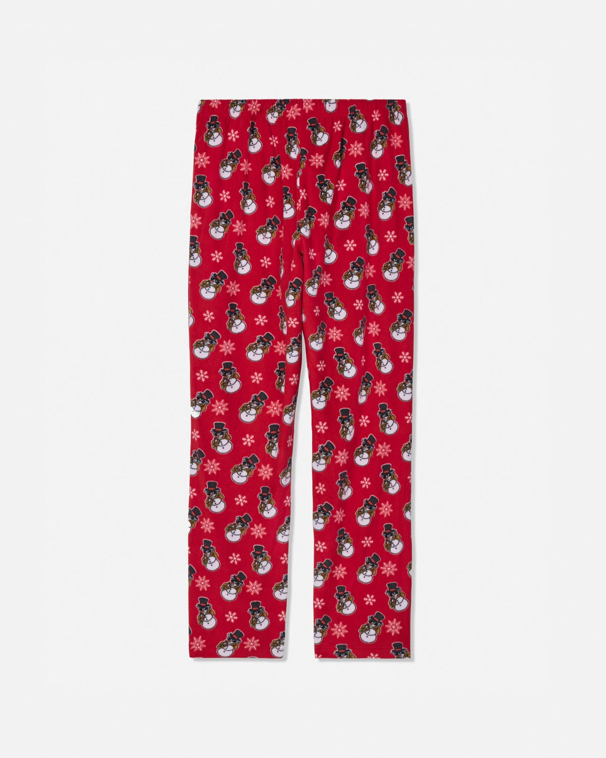 Red children's pajama pants with an all-over Christmas print featuring snowmen, snowflakes, and white snow, shown flat against a light gray background.