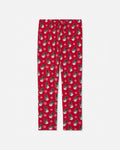 Red holiday-themed lounge pants with an all-over print of snowmen, snowflakes, and a drawstring waistband, shown flat on a light gray background.