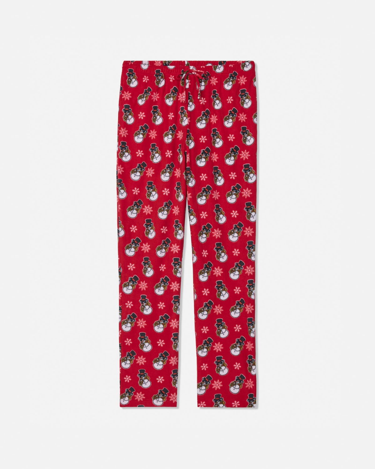 Red holiday-themed lounge pants with an all-over print of snowmen, snowflakes, and a drawstring waistband, shown flat on a light gray background.
