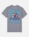 Back of gray t-shirt with soccer player goat graphic