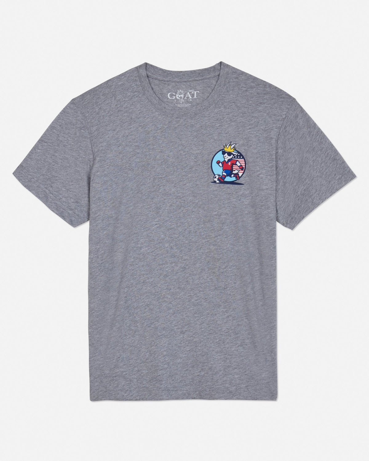 Front of gray t-shirt with soccer player goat graphic