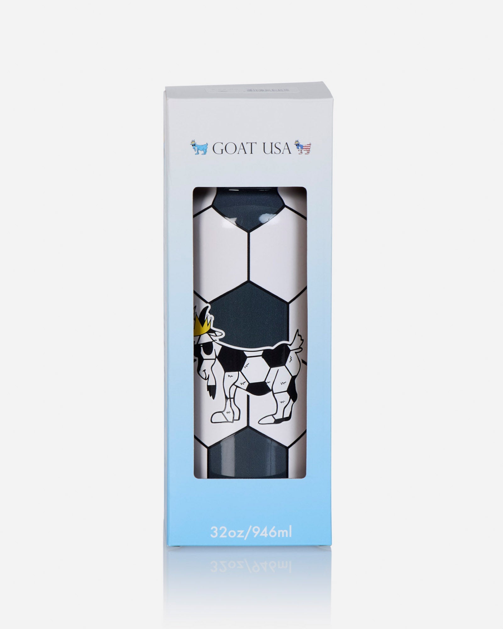 Soccer ball pattern water bottle in blue and white box