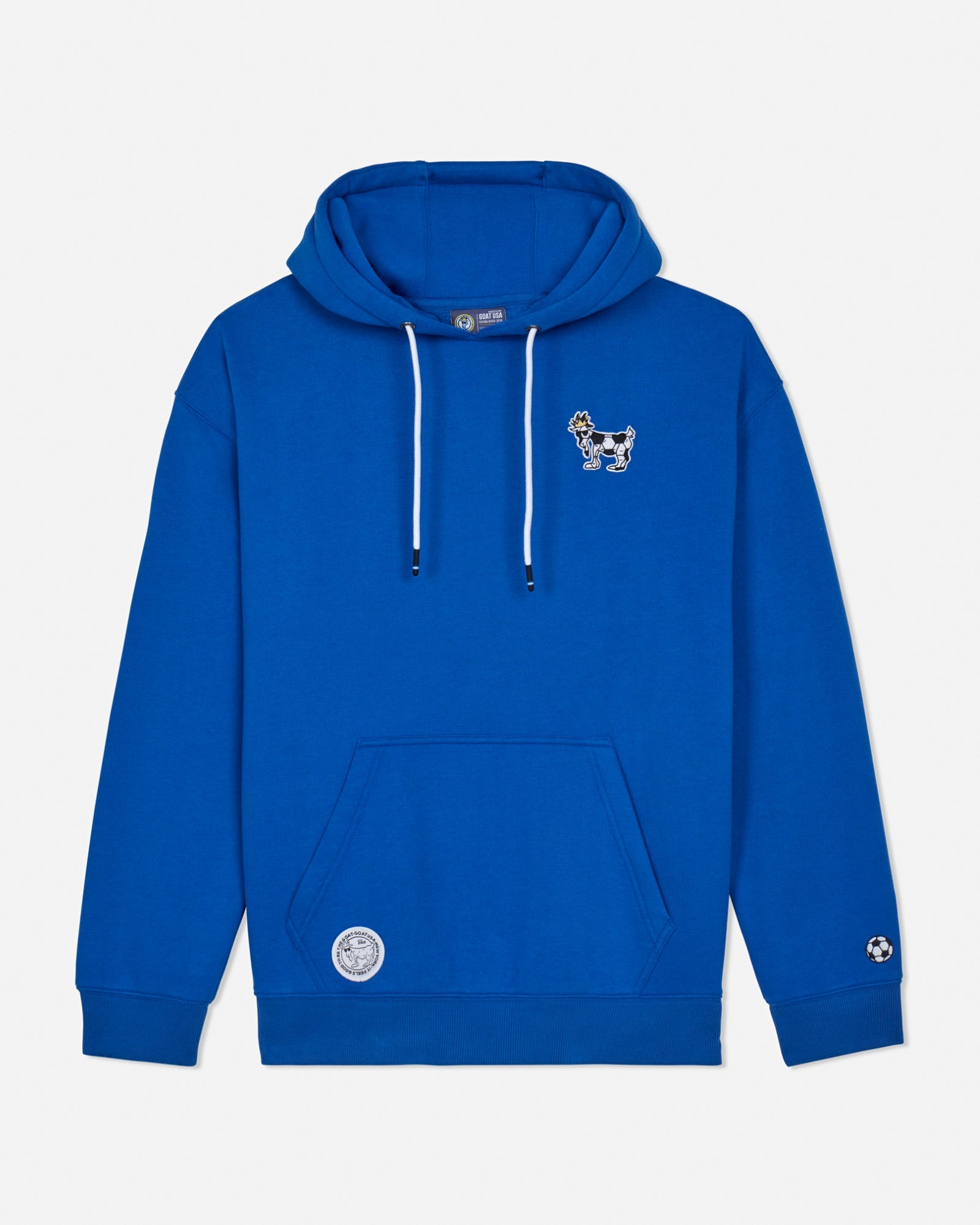 Front of royal hoodie with soccer goat left-chest logo