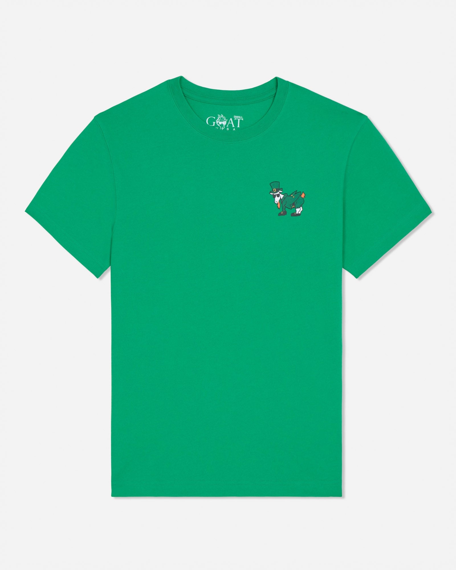 Green t-shirt with a small logo on the chest against a white background
