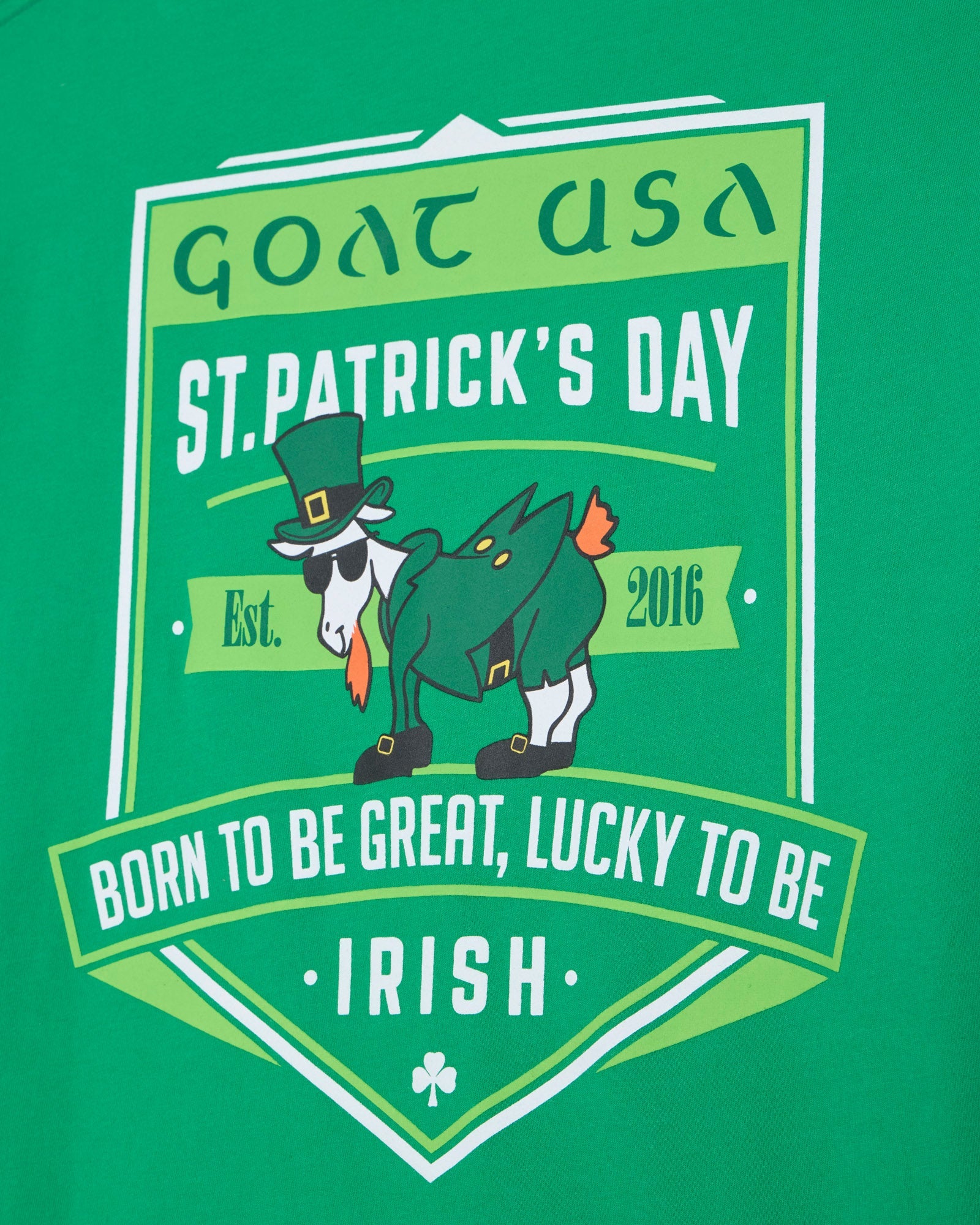 Green t-shirt with St. Patrick's Day design featuring a cartoon goat and text.