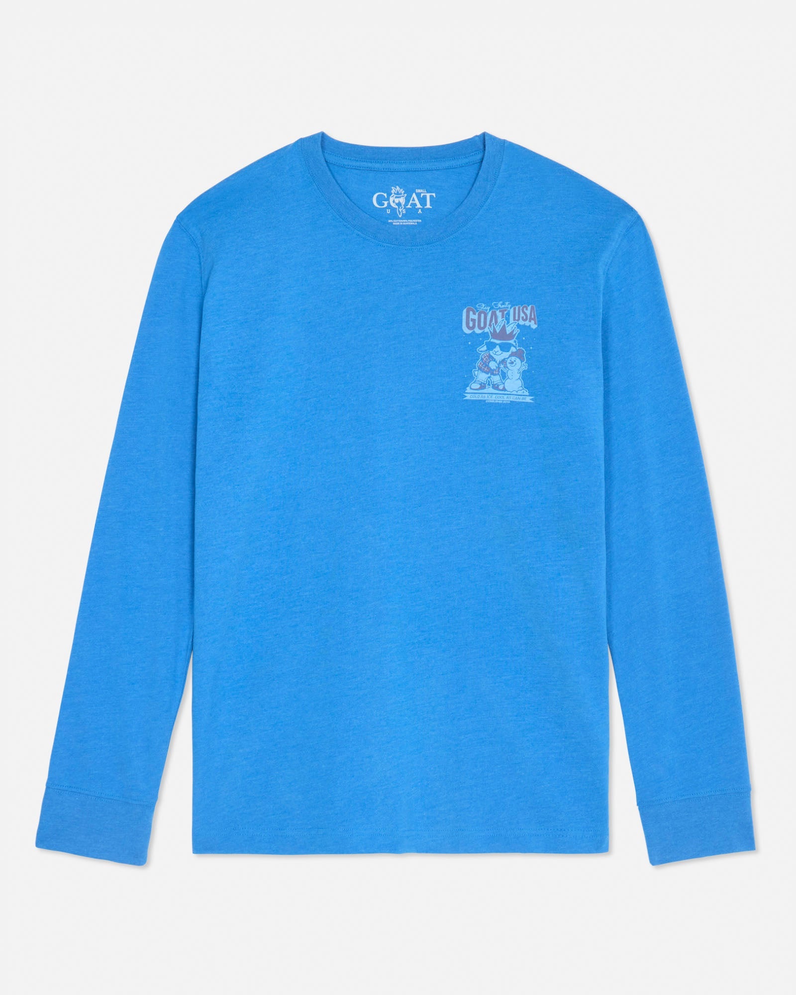 Blue long-sleeve shirt with a graphic design on a light gray background