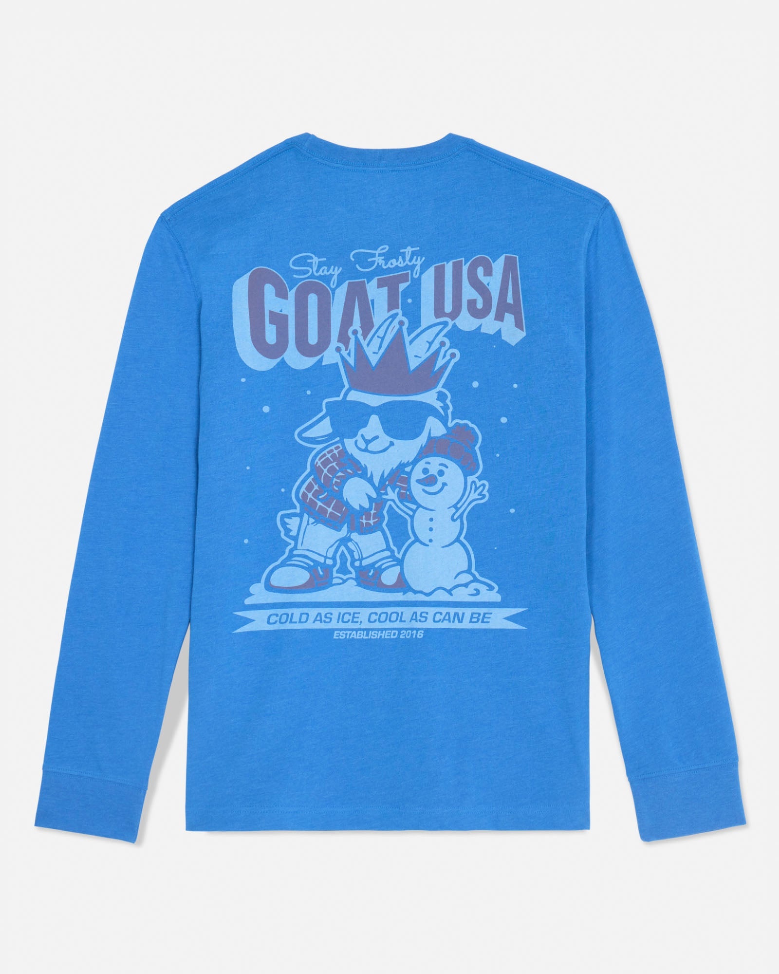 Blue long-sleeve shirt with graphic design on the back against a light gray background