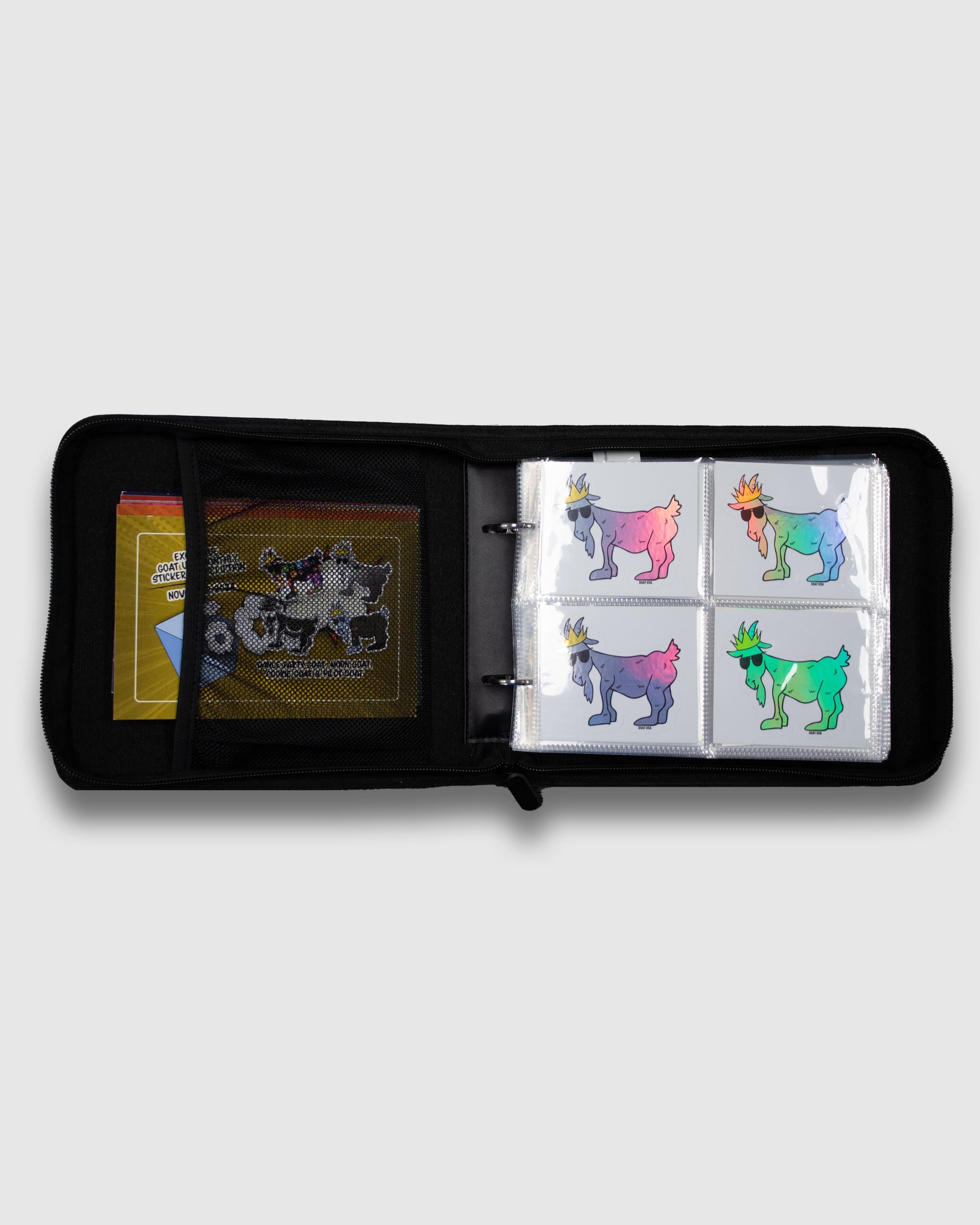 Inside of binder with stickers and flyers