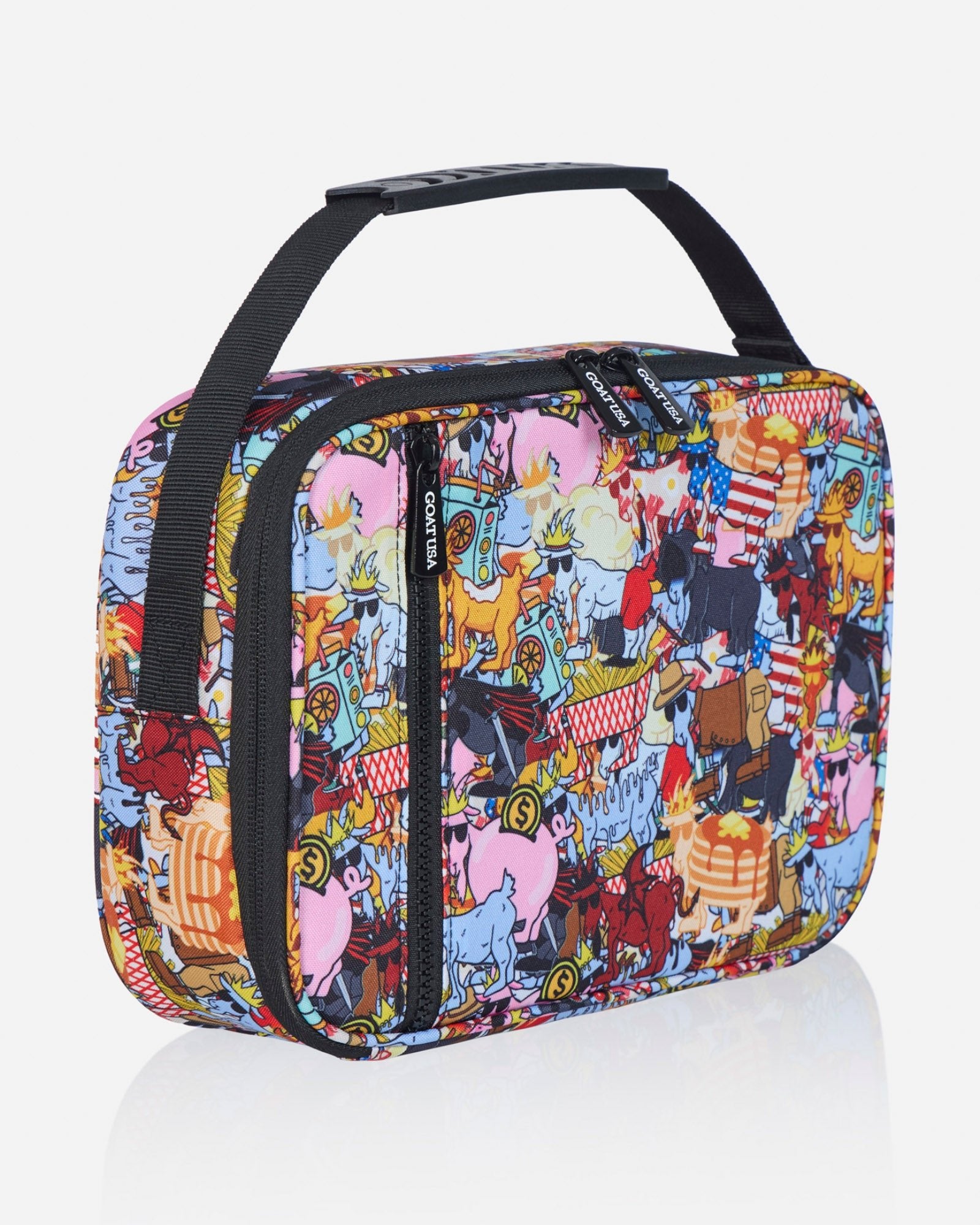Angled view of lunchbox with various goat designs