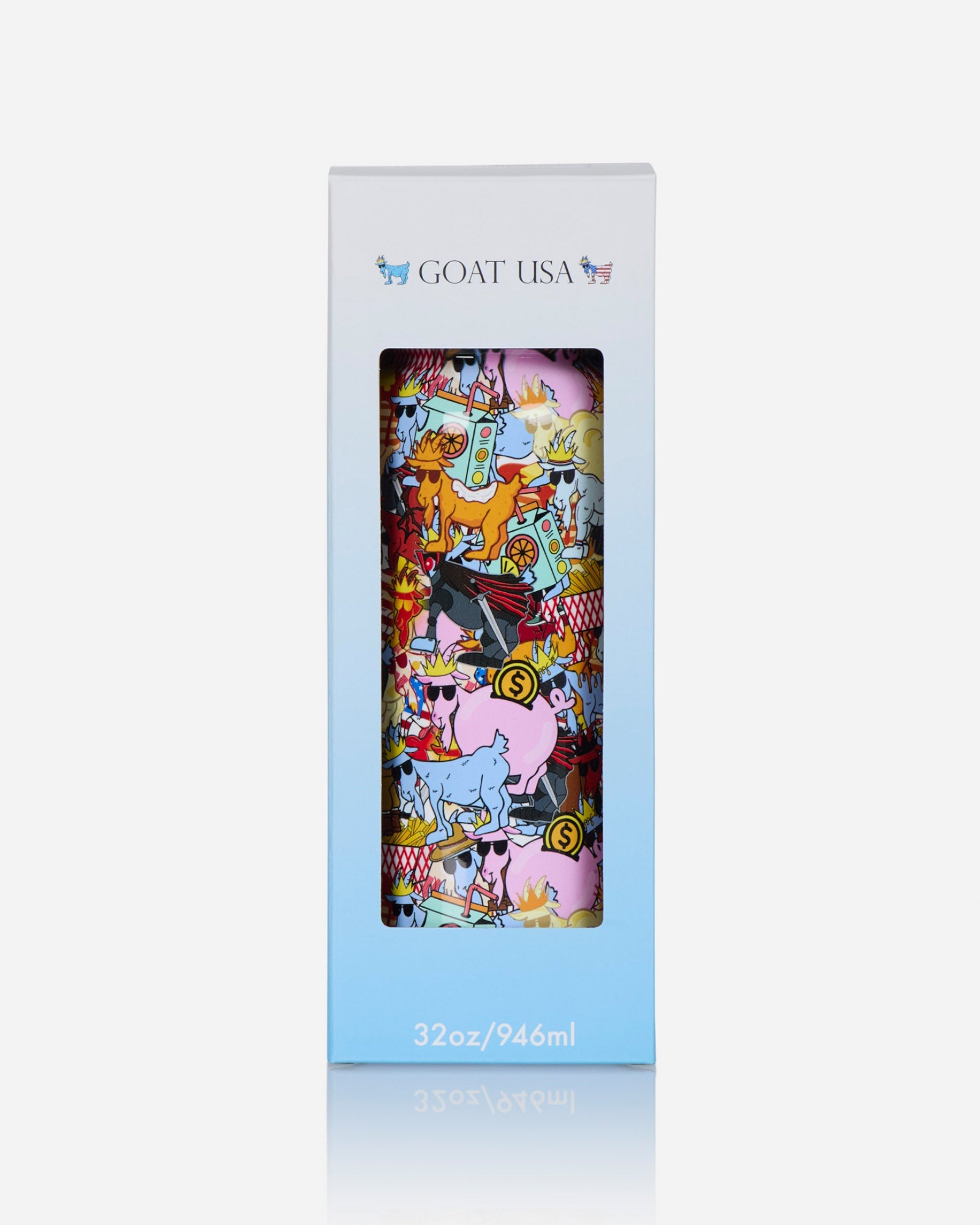 A tall white and light blue GOAT USA gift box with a clear window showing a colorful illustrated bottle or container inside, photographed on a light gray background.