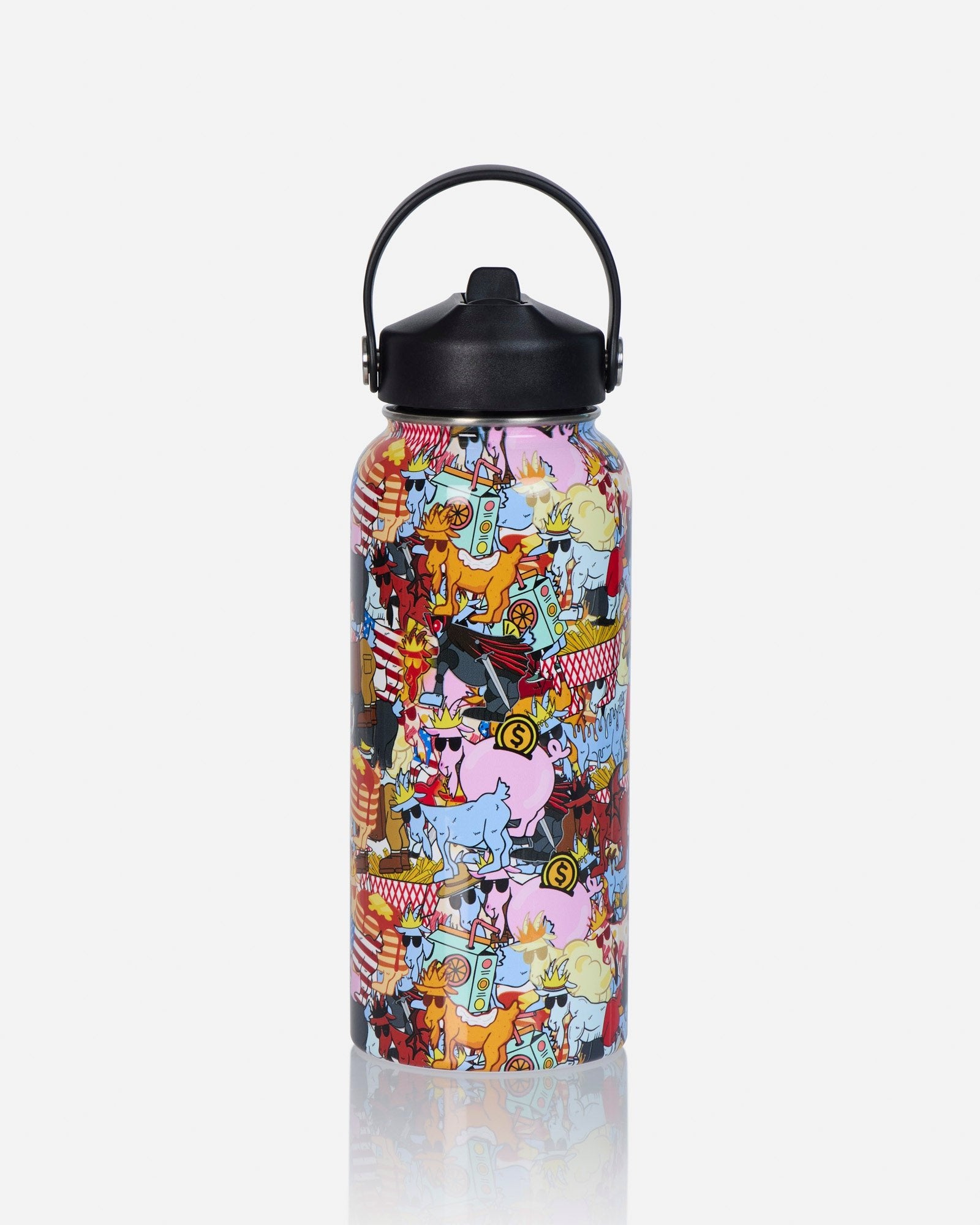 A reusable water bottle with a black lid and carrying loop, covered in a dense multicolor cartoon illustration featuring animals and symbols, shown on a light gray background.