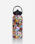 A reusable water bottle with a black lid and carrying loop, covered in a dense multicolor cartoon illustration featuring animals and symbols, shown on a light gray background.
