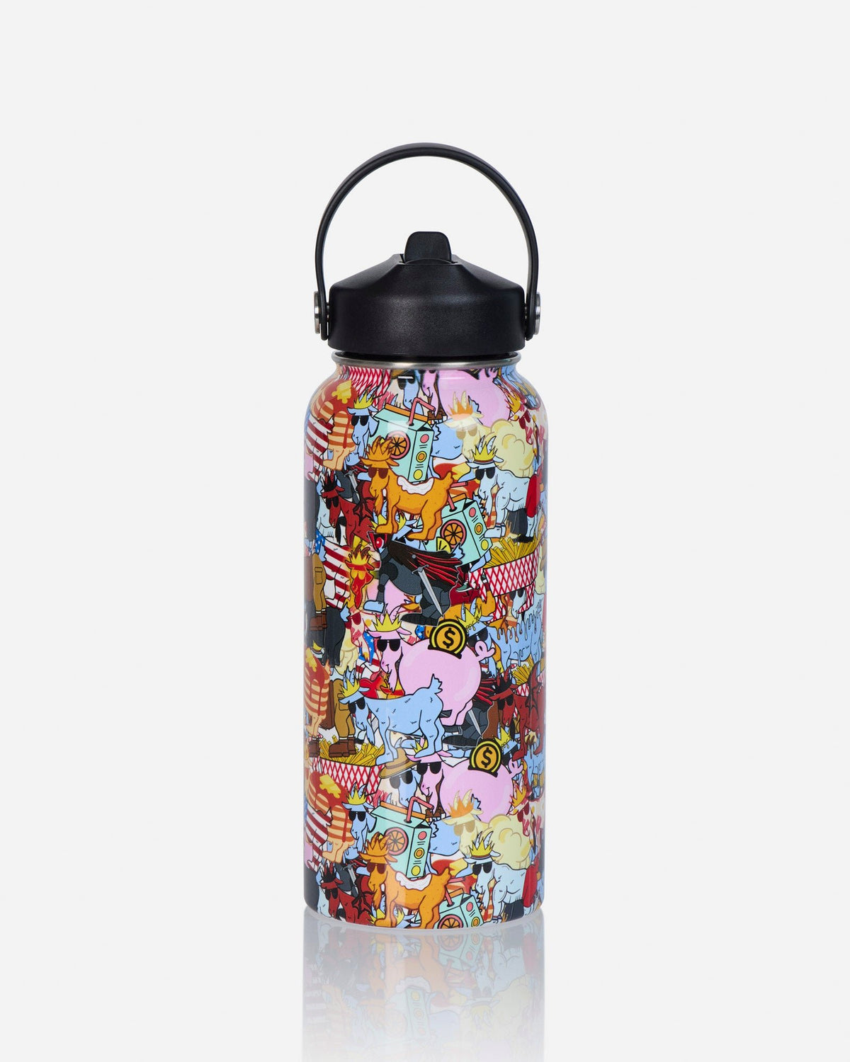 A reusable water bottle with a black lid and carrying loop, covered in a dense multicolor cartoon illustration featuring animals and symbols, shown on a light gray background.