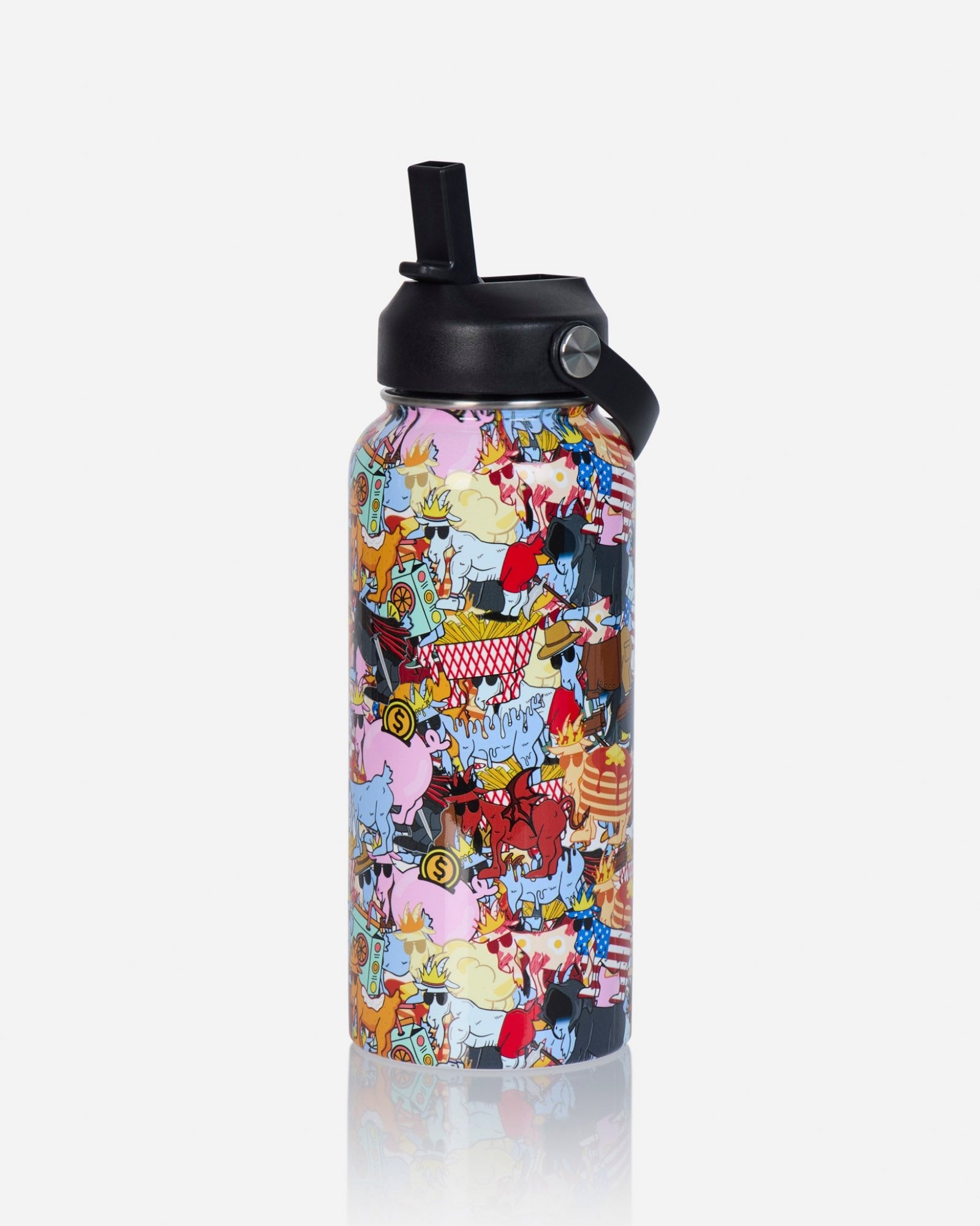 A reusable water bottle with a black flip-straw lid, featuring a dense, colorful themed illustration pattern on the body, set against a light gray background.