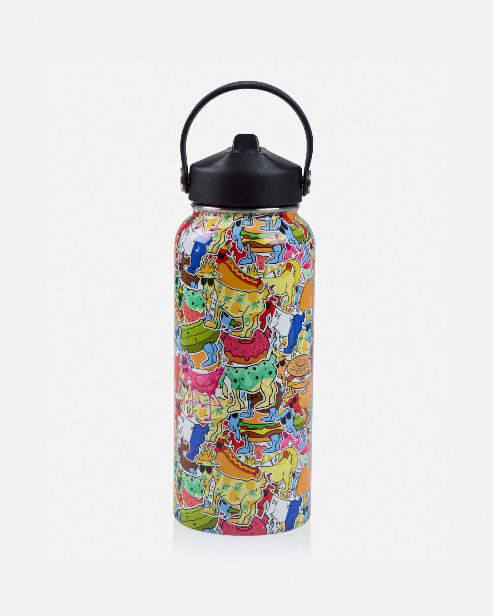 Colorful water bottle with a black lid on a white background