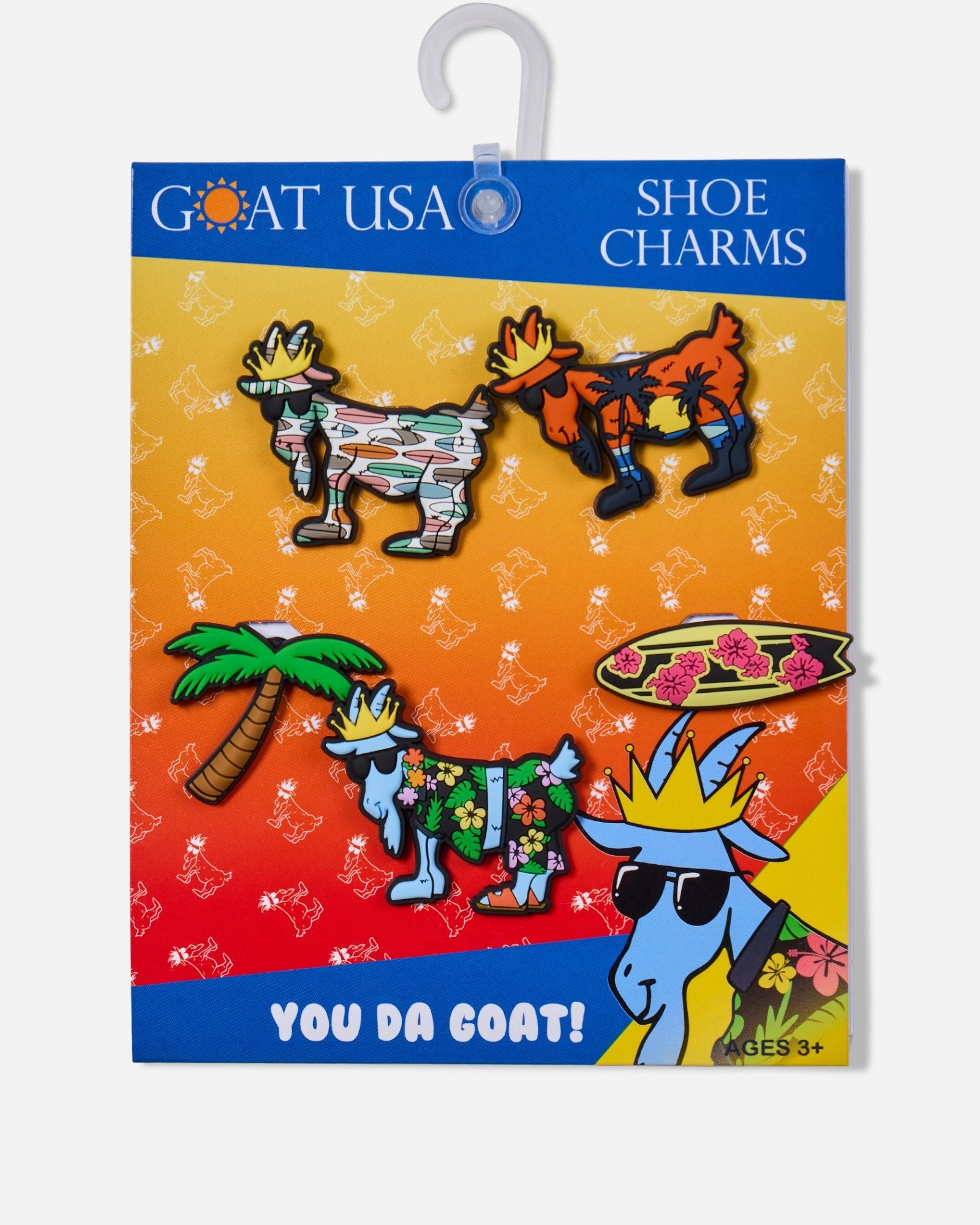 Summer-themed goat shoe charms in package