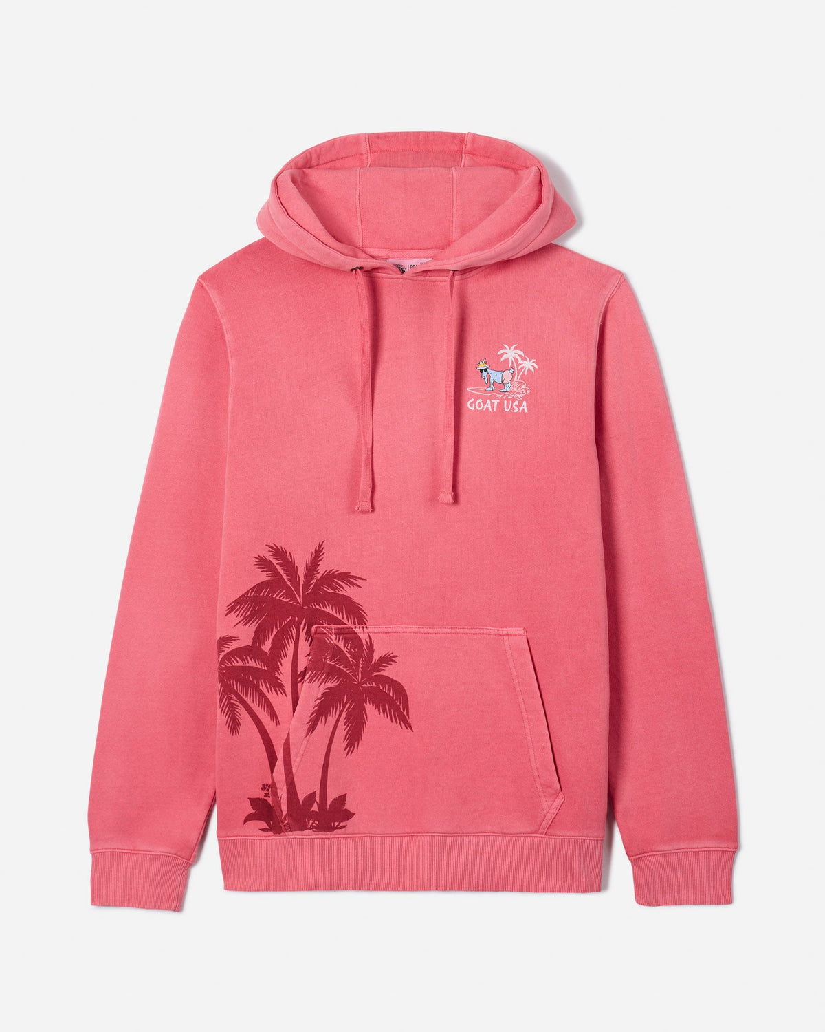 Front of salmon hooded sweatshirt with palm tree stamp and surfer Chuck the GOAT left-chest logo