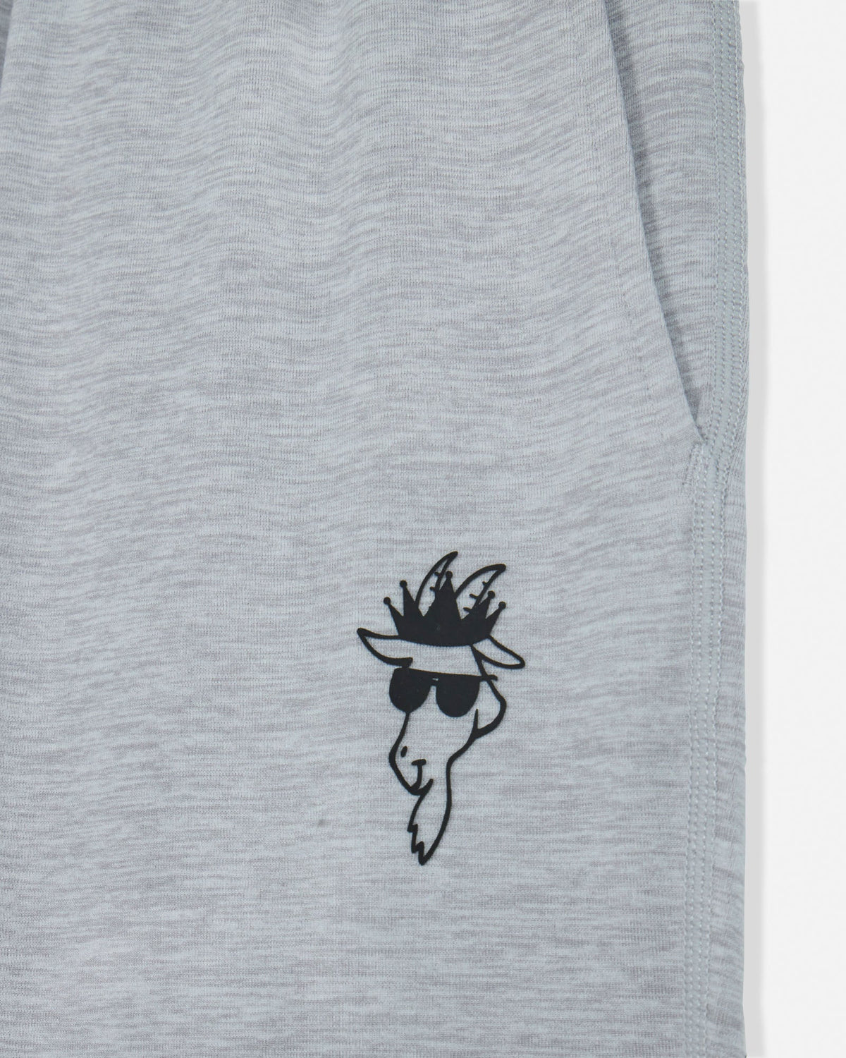 Gray sweatshirt with a black embroidered design of a face wearing sunglasses and a hat.