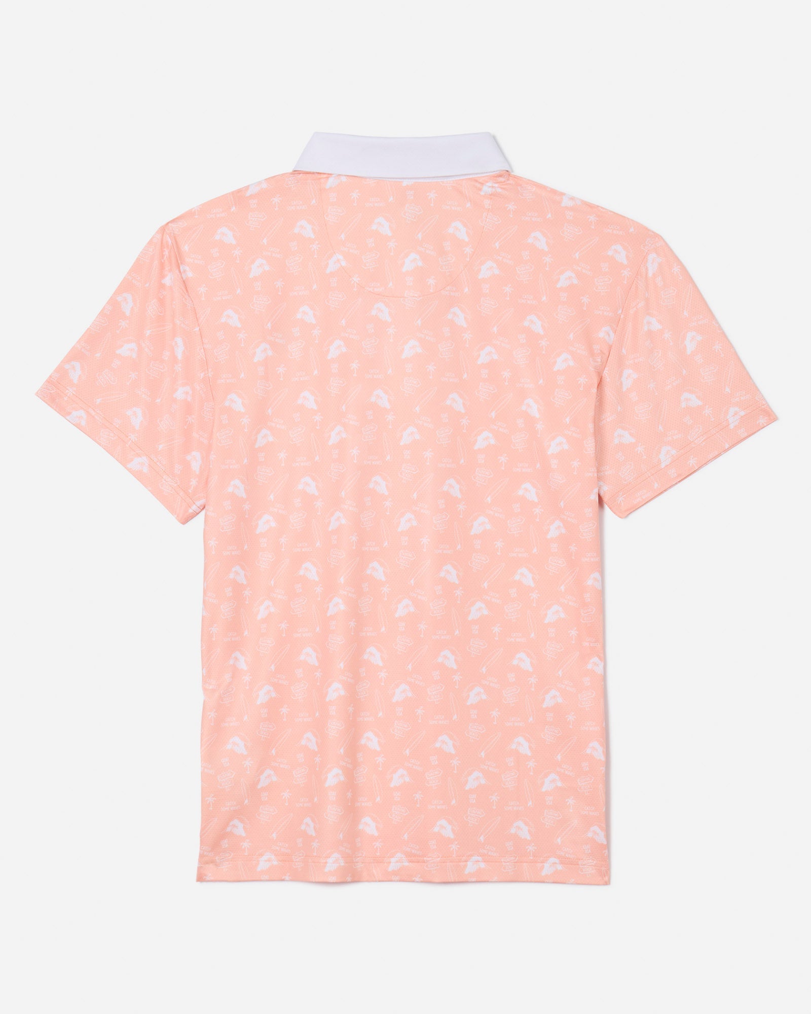 Back of peach-cream colored polo with surf inspired pattern