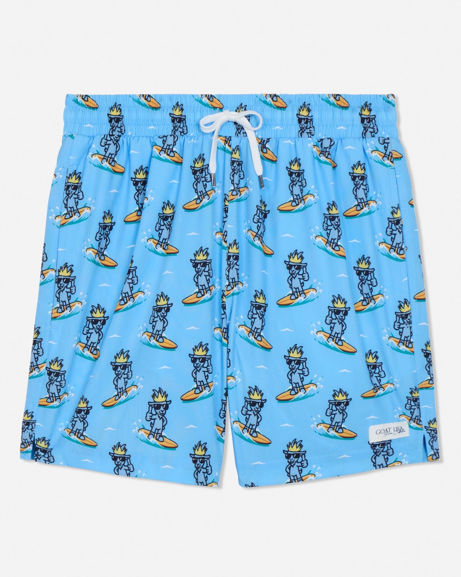 Blue swim shorts with cartoon character pattern on a light gray background