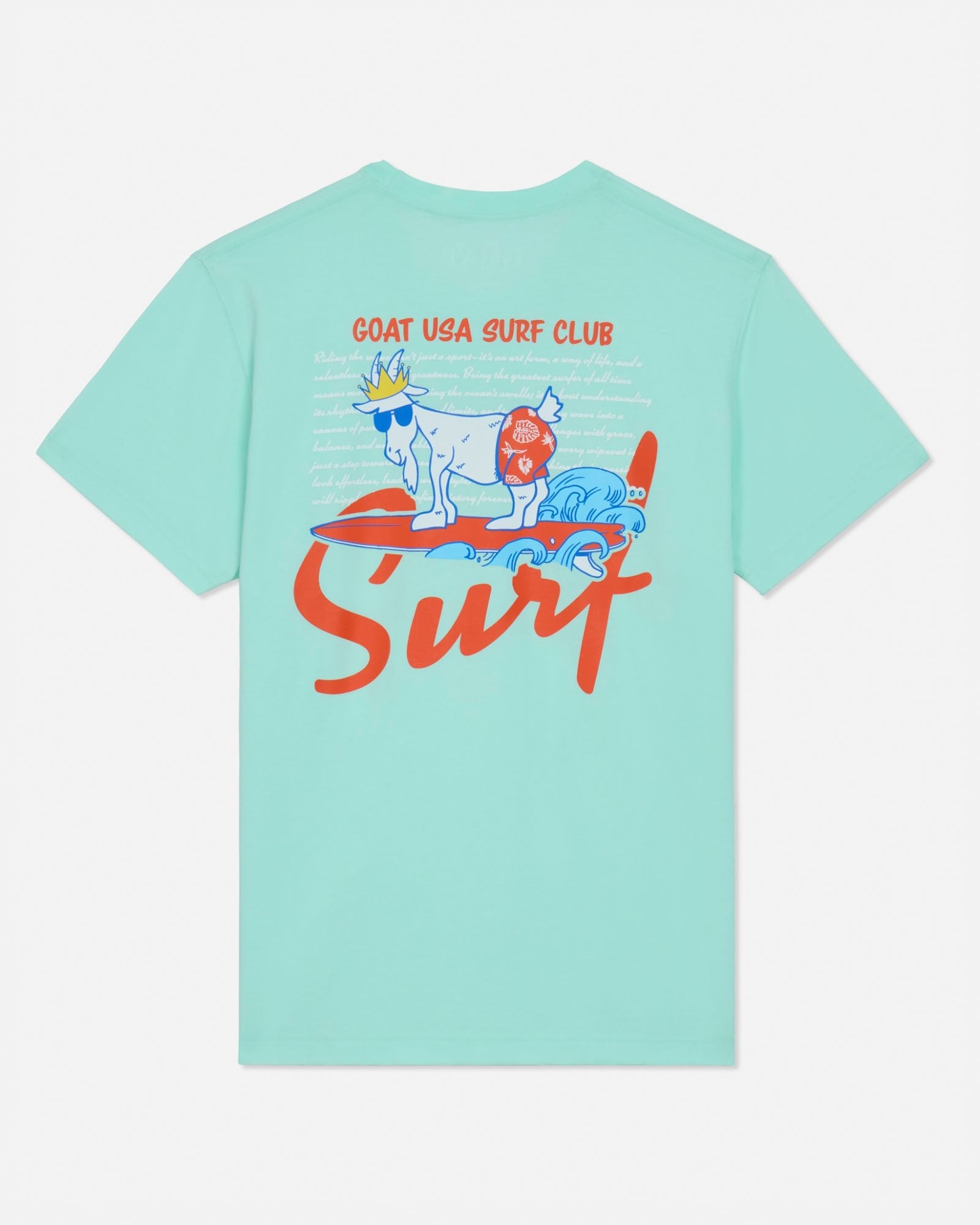 Mint t-shirt with a colorful graphic and text on a light gray background